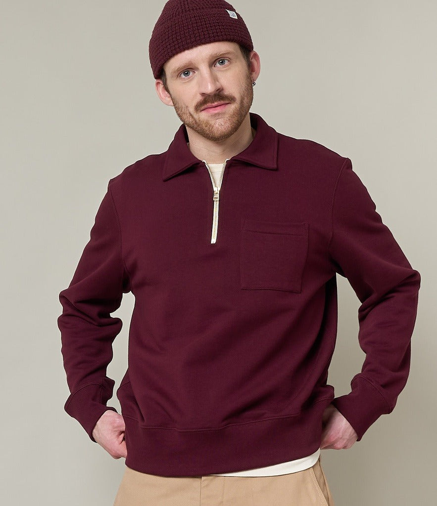 Merz b.Schwanen - 342Z LOOPWHEELED HALF ZIP SWEATSHIRT - RUBY RED