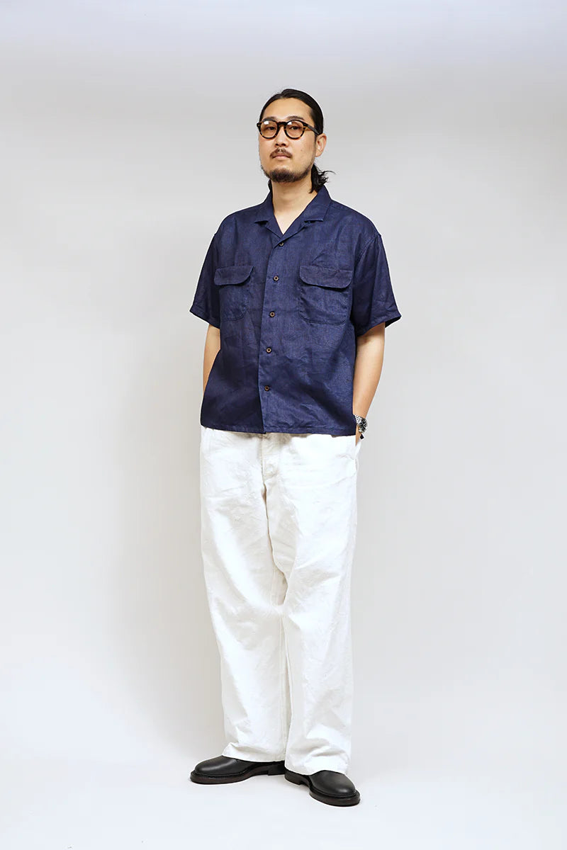 Nigel Cabourn - OPEN COLLAR SHIRT LINEN - INDIGO