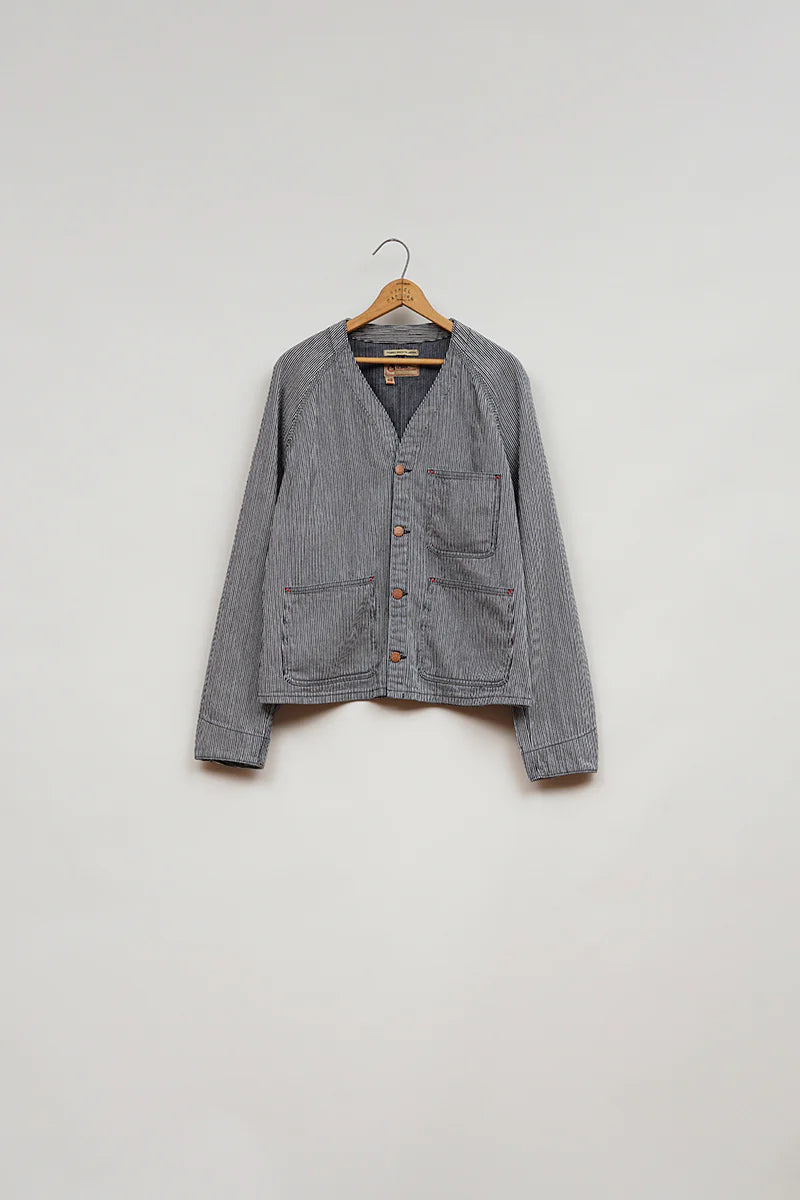 【再値下げ】Nigel Cabourn LYBRO - JK03-03-HI COLLARLESS JACKET - INDIGO HICKORY STRIPE
