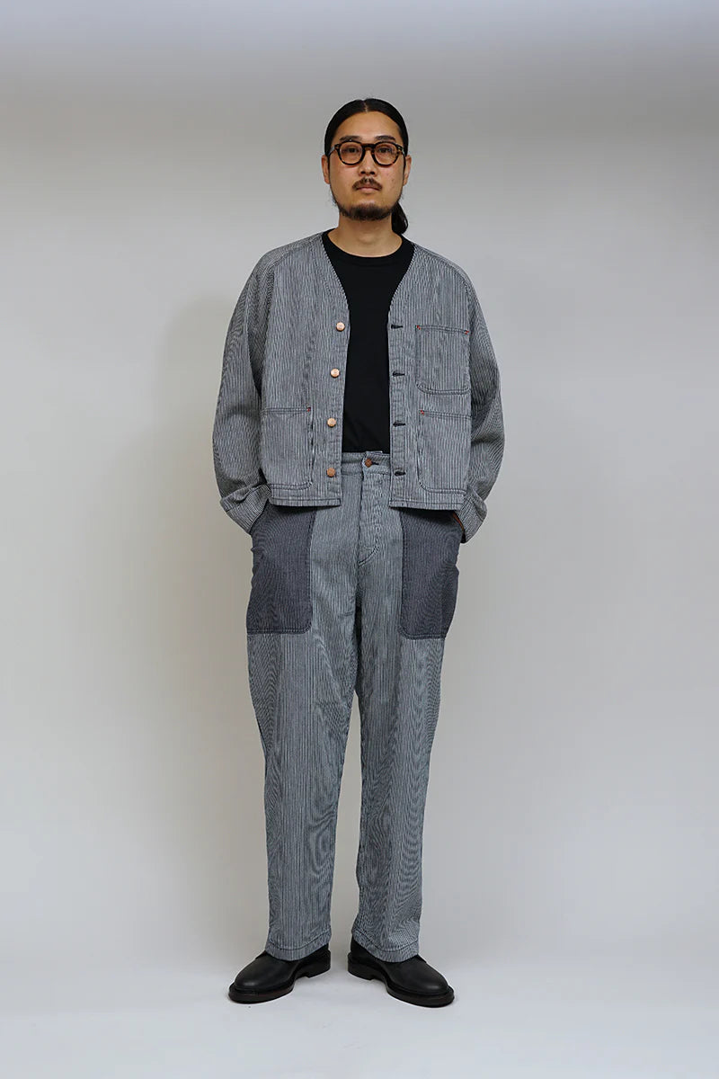 【再値下げ】Nigel Cabourn LYBRO - JK03-03-HI COLLARLESS JACKET - INDIGO HICKORY STRIPE