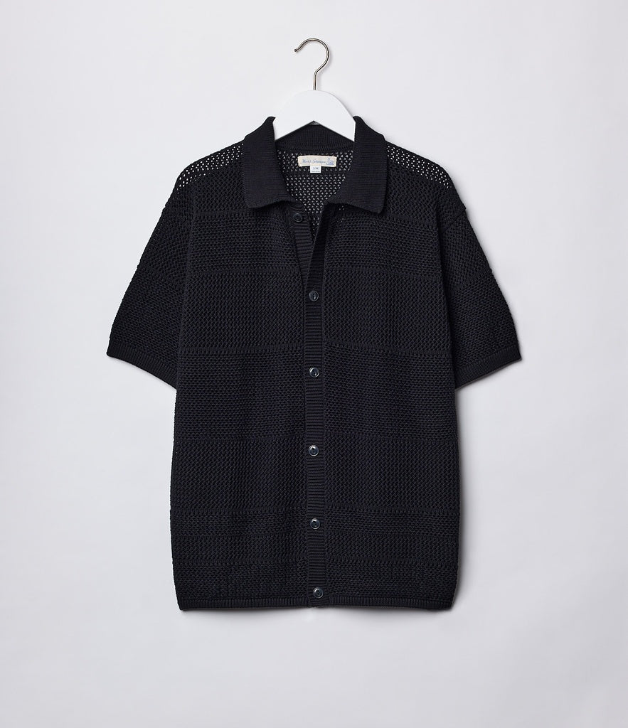 Merz b.Schwanen - KNITSHIRT01 CROCHET SHIRT RELAXED FIT - DEEP BLACK