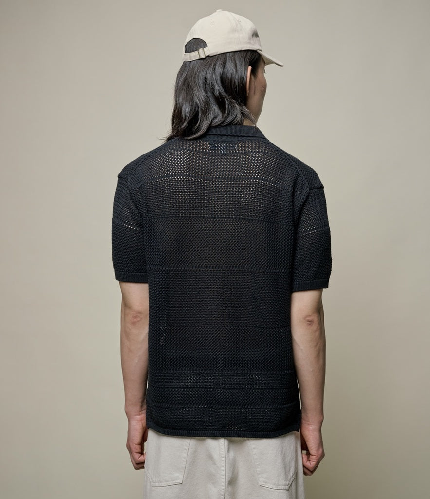 Merz b.Schwanen - KNITSHIRT01 CROCHET SHIRT RELAXED FIT - DEEP BLACK