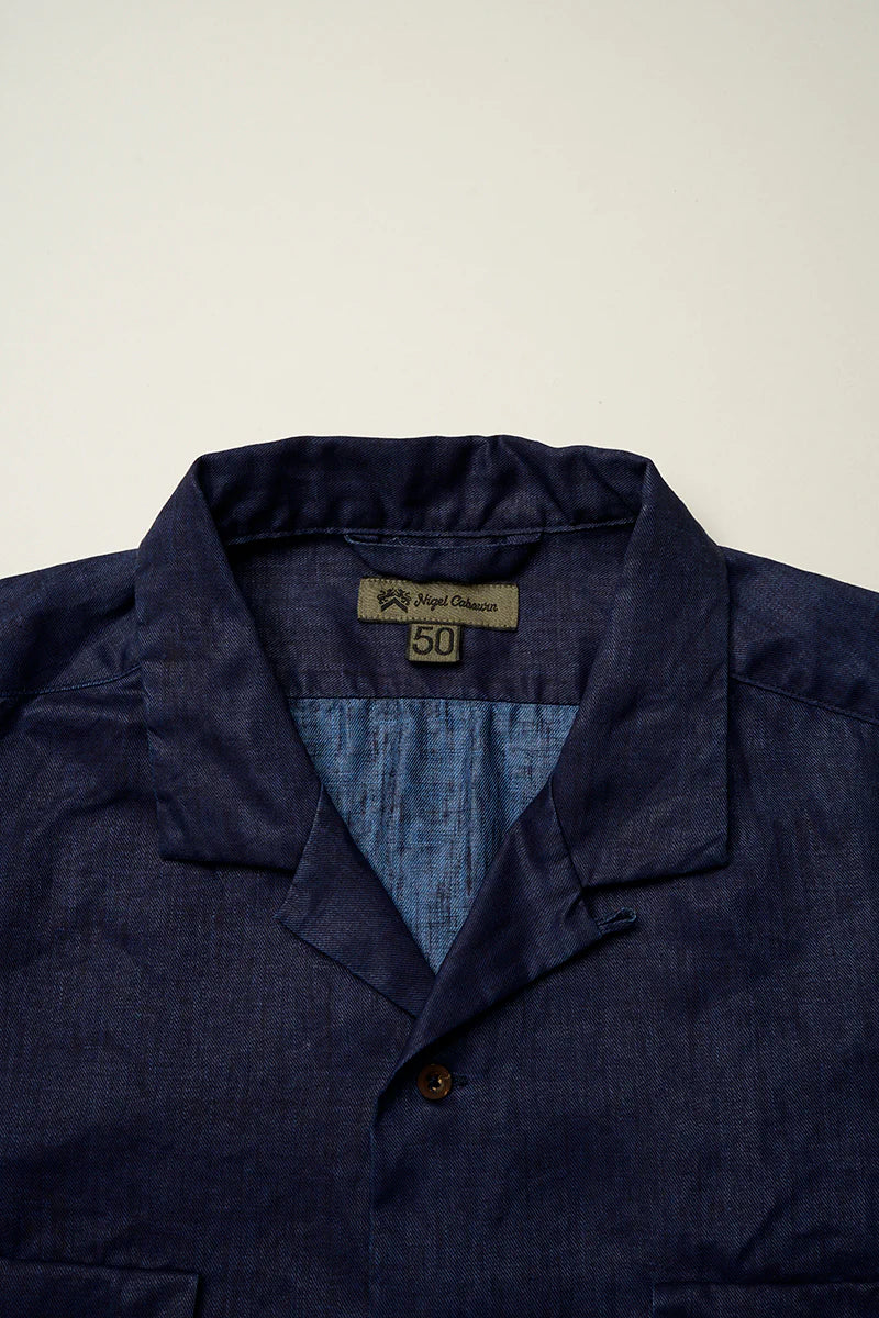Nigel Cabourn - OPEN COLLAR SHIRT LINEN  - INDIGO
