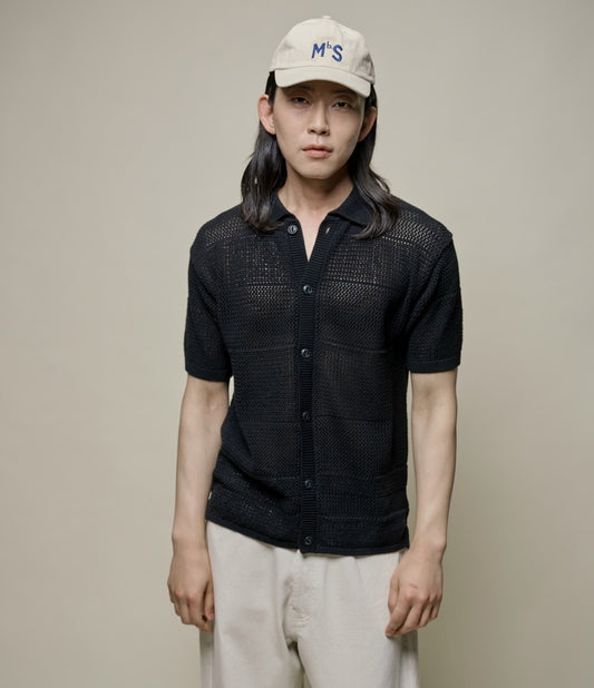 Merz b.Schwanen - KNITSHIRT01 CROCHET SHIRT RELAXED FIT - DEEP BLACK