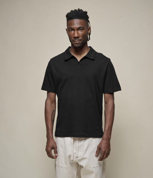 Merz b.Schwanen - LINEN02 POLO SHIRT LINEN ORGANIC COTTON RELAXED FIT - DEEP BLACK