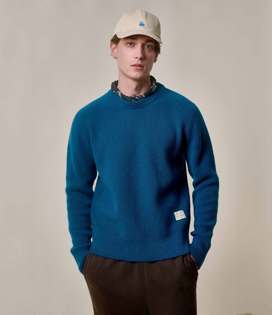 Merz b.Schwanen - LOCC02 RIBBED CREWNECK PULLOVER CARBON BLUE - MERINO CASHMERE BLEND